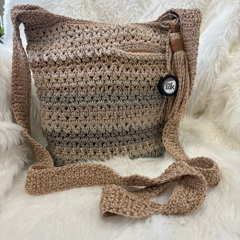 The Sak Crochet Ombre Boho Knit Tassel Hobo Crossbody Bag in Beige and Brown - Picture 10 of 10